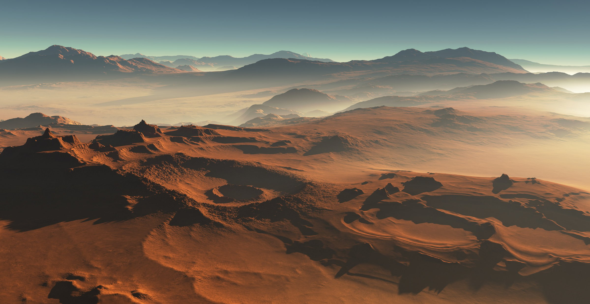 Sunset on Mars. Desert martian landscape